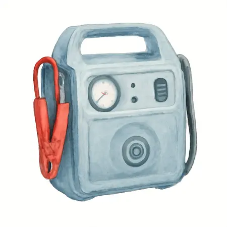 Water color illustrative image of a generic 1000 Peak Amp Lead-Acid Multifunction Jump Starter and Power Pack with 150 PSI Air Compressor