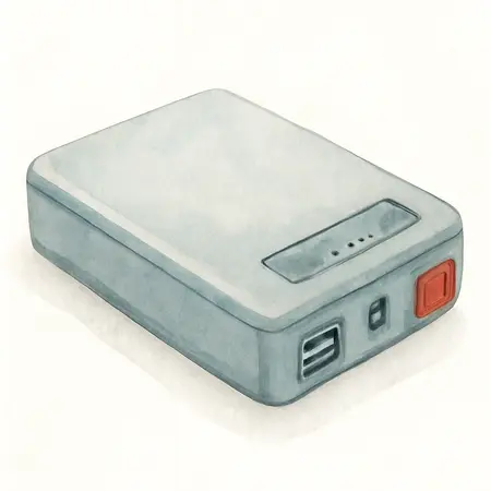 Water color illustrative image of a generic 1000 Peak Amp Midsize Lithium-Ion Jump Starter and Power Bank