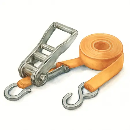 Water color illustrative image of a generic 1000 lb. Capacity 1-1/2 in. x 10 ft. Ratcheting Tie Down