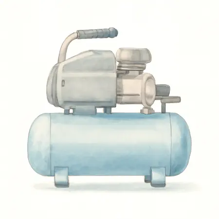 Water color illustrative image of a generic 10 Gallon 175 PSI Ultra Quiet Horizontal Shop/Auto Air Compressor