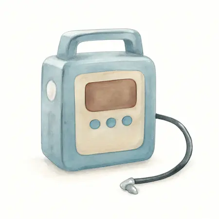 Water color illustrative image of a generic 12/120V, Dual-Power, 100 PSI Tire Inflator with LED Light