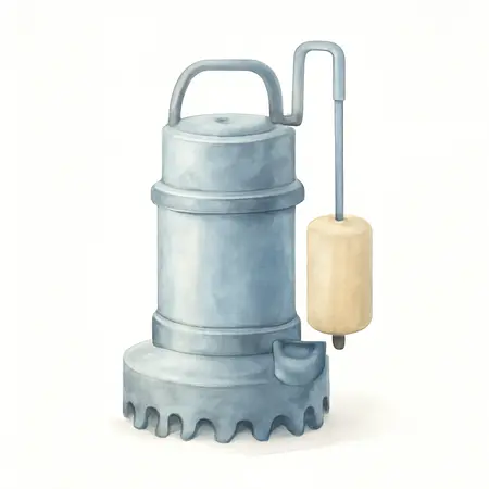 Water color illustrative image of a generic 1/2 HP Submersible Sump Pump with Vertical Float, 4000 GPH