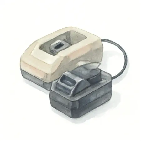 Water color illustrative image of a generic 12v Lithium-ion Battery with Charger