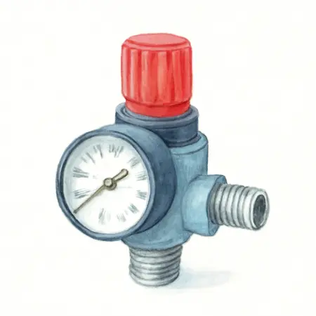 Water color illustrative image of a generic 150 PSI Air Compressor Regulator Kit with Dial Gauge