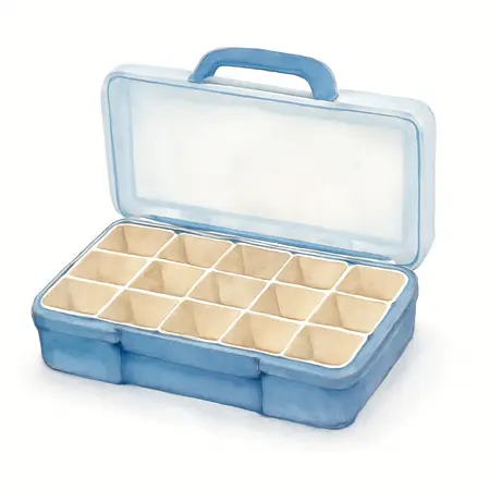 Water color illustrative image of a generic 15 Bin Small Portable Parts Storage Case