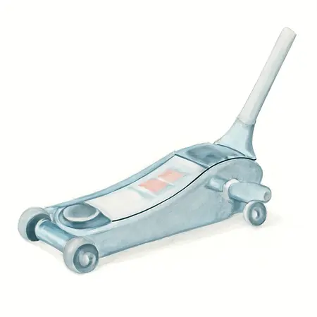 Water color illustrative image of a generic 1.5 ton Ultra-Low-Profile Lightweight High Performance Aluminum Racing Jack with RAPID PUMP