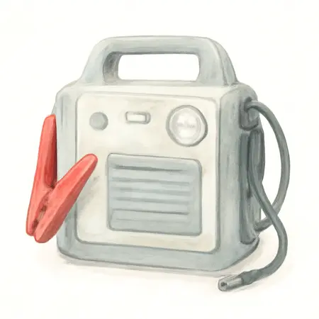 Water color illustrative image of a generic 1700 Peak Amp Portable Jump Starter and Power Pack with 150 PSI Air Compressor