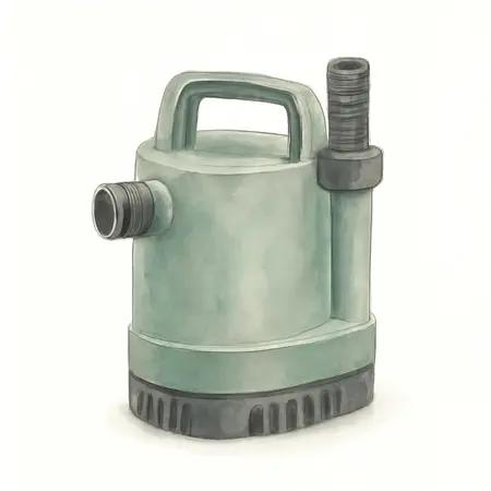Water color illustrative image of a generic 1/8 HP Multidirectional Submersible Utility Pump, 1575 GPH