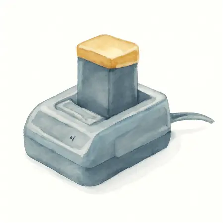 Water color illustrative image of a generic 18V Lithium Battery with Charger