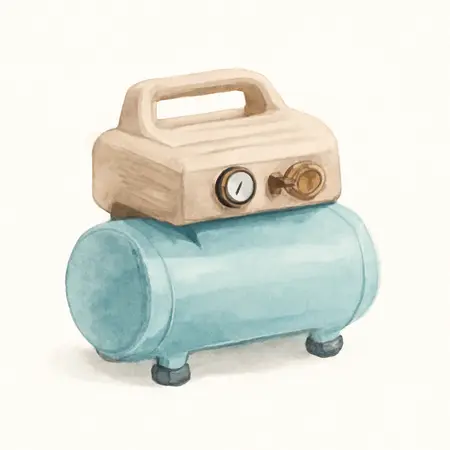 Water color illustrative image of a generic 1 Gallon 135 PSI Ultra Quiet Hand Carry Jobsite Air Compressor