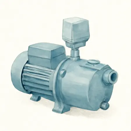Water color illustrative image of a generic 1 HP Cast Iron Shallow Well Pump with Pressure Control Switch