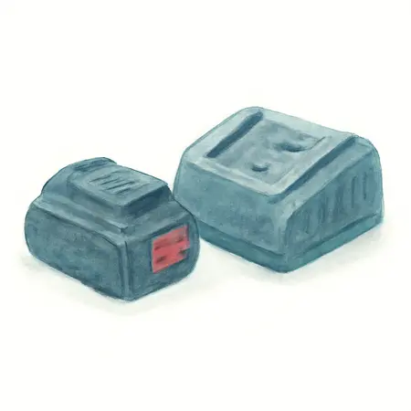 Water color illustrative image of a generic 20V 5 Ah Extended-Performance Lithium-Ion Battery and 4 Amp Multi-Voltage Charger Starter Kit