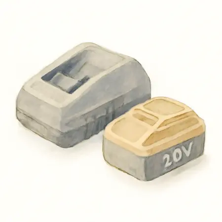 Water color illustrative image of a generic 20V 5 Ah Lithium-Ion Battery and Charger Starter Kit