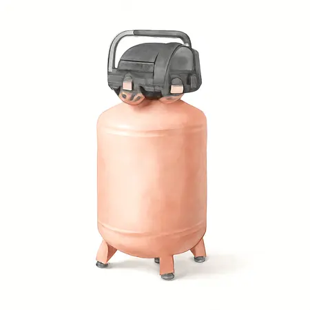 Water color illustrative image of a generic 20 Gallon, 135 PSI Oil-lube Vertical Shop/Auto Air Compressor