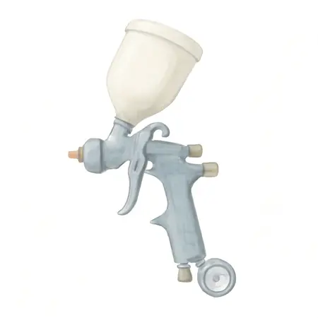 Water color illustrative image of a generic 20 oz. HVLP Gravity Feed Air Spray Gun with Regulator
