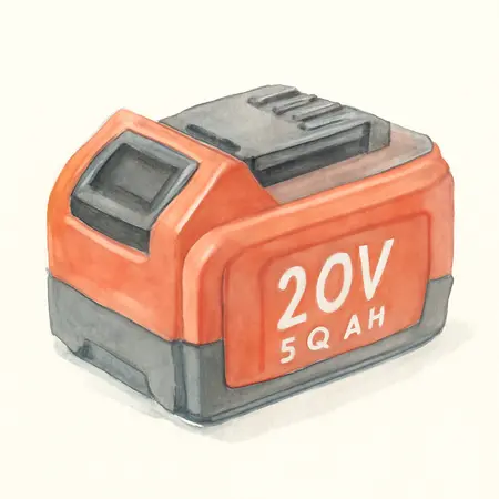 Water color illustrative image of a generic 20V, 5.0 Ah High-Capacity Lithium-Ion Battery