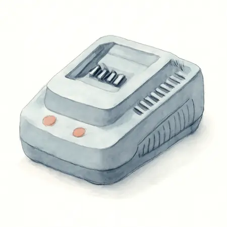 Water color illustrative image of a generic 20V Lithium-Ion 3 Amp Rapid-Plus Battery Charger