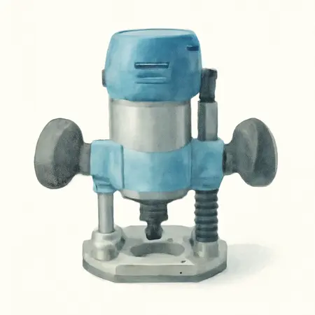 Water color illustrative image of a generic 2-1/4 HP, 12 Amp Variable Speed Fixed Base Router with Plunge Base Kit