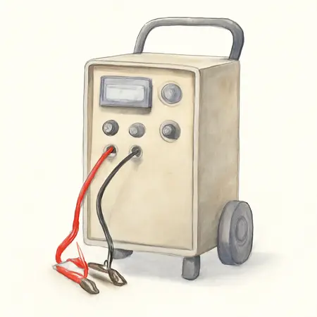 Water color illustrative image of a generic 2/15/50/250 Amp 6/12V Wheeled Battery Charger, Engine Starter, and Alternator Tester