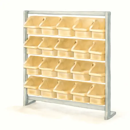 Water color illustrative image of a generic 24 Bin Benchtop Parts Rack