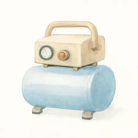 Water color illustrative image of a generic 2 Gallon 135 PSI Ultra Quiet Hand Carry Jobsite Air Compressor