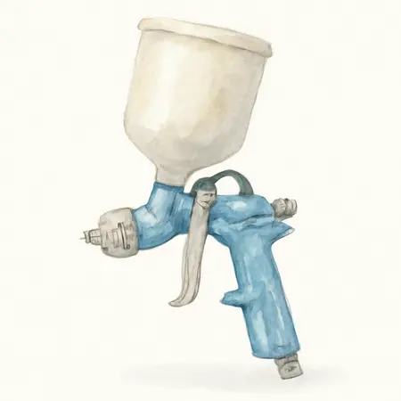 Water color illustrative image of a generic 2 Gallon, Gravity Feed Texture Spray Gun