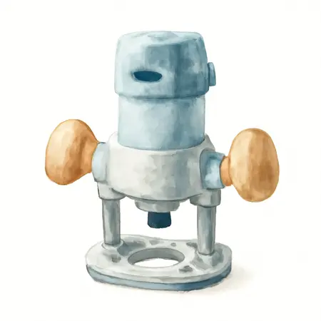 Water color illustrative image of a generic 2 HP (Max), 1/4 in., 3/8 in. Fixed Base Router