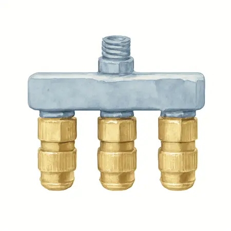 Water color illustrative image of a generic 3-Way Industrial Quick Coupling Manifold