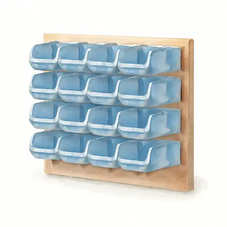 Water color illustrative image of a generic 30 Bin Wall Mount Parts Rack