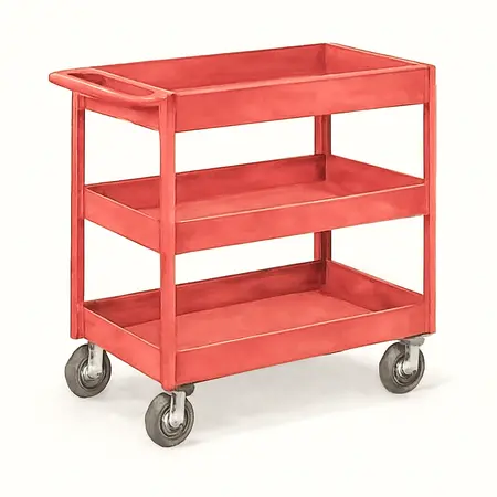Water color illustrative image of a generic 30 in. x 16 in. Three Shelf Steel Service Cart, Red