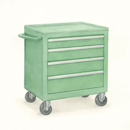 Water color illustrative image of a generic U.S. GENERAL 30 in. 4-Drawer Tech Cart, Series 3, Green