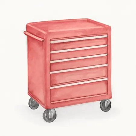 Water color illustrative image of a generic U.S. GENERAL 30 in., 5-Drawer Mechanics Cart, Red