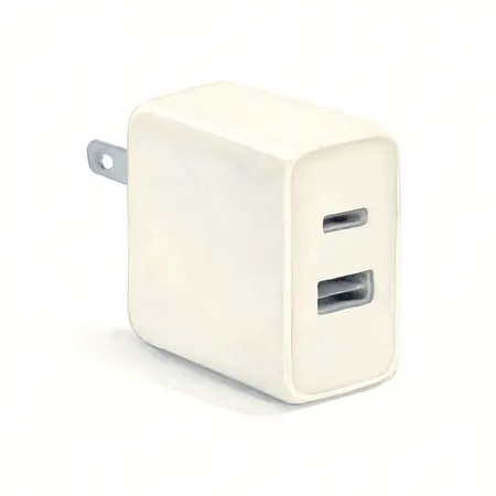 Water color illustrative image of a generic 38 Watt Dual-Port PD Fast Charger