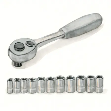 Water color illustrative image of a generic 3/8 in. Drive SAE & Metric Chrome Socket and Ratchet Set, 21 Piece