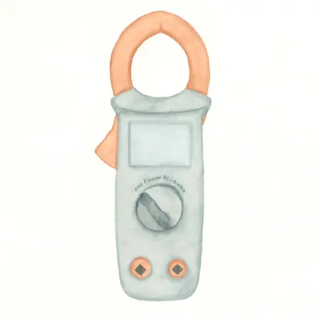 Water color illustrative image of a generic 200mV/2V/20V/200V/600VV Digital T-RMS Auto-Ranging Clamp Meter