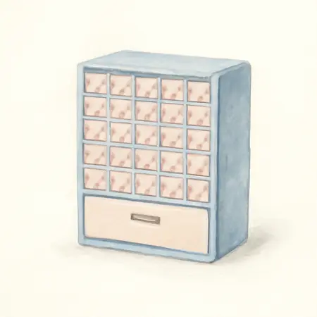 Water color illustrative image of a generic 40 Bin Organizer with Full Length Drawer