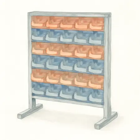Water color illustrative image of a generic 47 Bin Floor Mount Parts Rack
