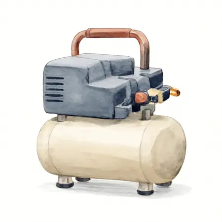 Water color illustrative image of a generic 4 Gallon, 200 PSI High Performance Oil-Free Hand Carry Jobsite Air Compressor