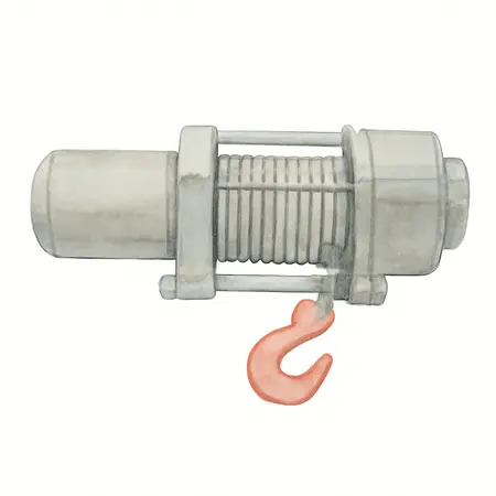 Water color illustrative image of a generic 5000 lb. UTV/Powersport 12V Winch with Wire Rope