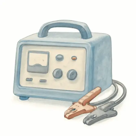 Water color illustrative image of a generic 6/12/25/125 Amp, 6/12V Battery Charger, Engine Starter, and Alternator Tester