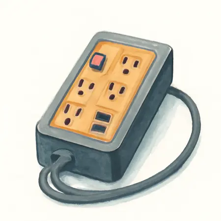Water color illustrative image of a generic 5 Outlet Magnetic Power Strip with Metal Housing and 2 USB Ports, Black