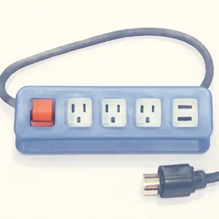 Water color illustrative image of a generic 5 Outlet Magnetic Power Strip with Metal Housing and 2 USB Ports, Blue