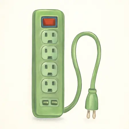 Water color illustrative image of a generic 5 Outlet Magnetic Power Strip with Metal Housing and 2 USB Ports, Green