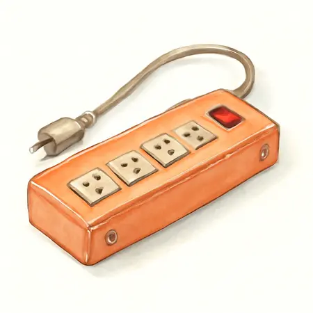 Water color illustrative image of a generic 5 Outlet Magnetic Power Strip with Metal Housing and 2 USB Ports, Orange