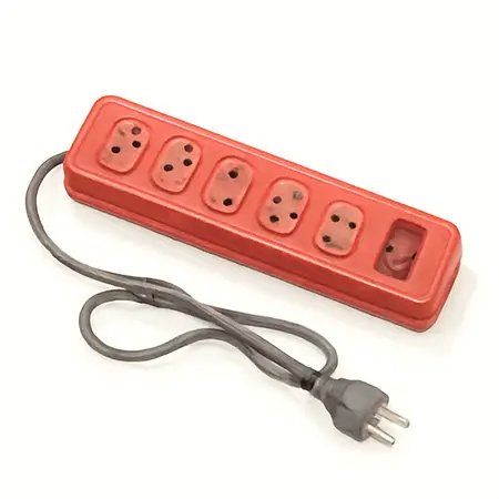 Water color illustrative image of a generic 5 Outlet Magnetic Power Strip with Metal Housing and 2 USB Ports, Red