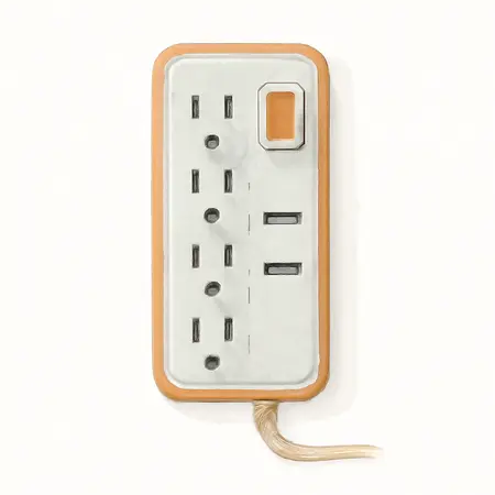 Water color illustrative image of a generic 5 Outlet Magnetic Power Strip with Metal Housing and 2 USB Ports, White