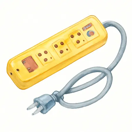 Water color illustrative image of a generic 5 Outlet Magnetic Power Strip with Metal Housing and 2 USB Ports, Yellow