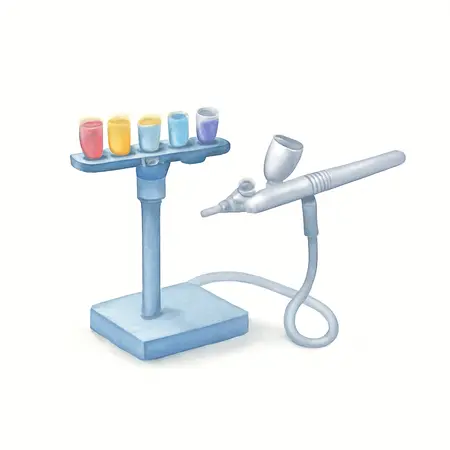 Water color illustrative image of a generic 6-Color Airbrush Kit with Holder, 16 Piece