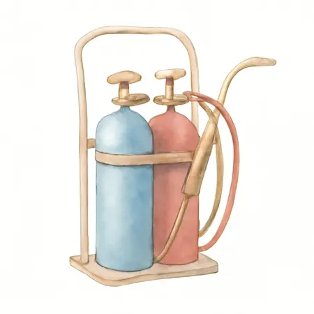 Water color illustrative image of a generic Portable Torch Kit with Oxygen and Acetylene Tanks
