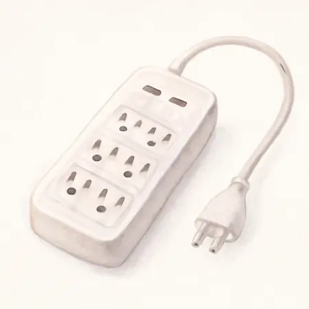 Water color illustrative image of a generic 6 Outlet 2 USB Rapid Charging Power Strip
